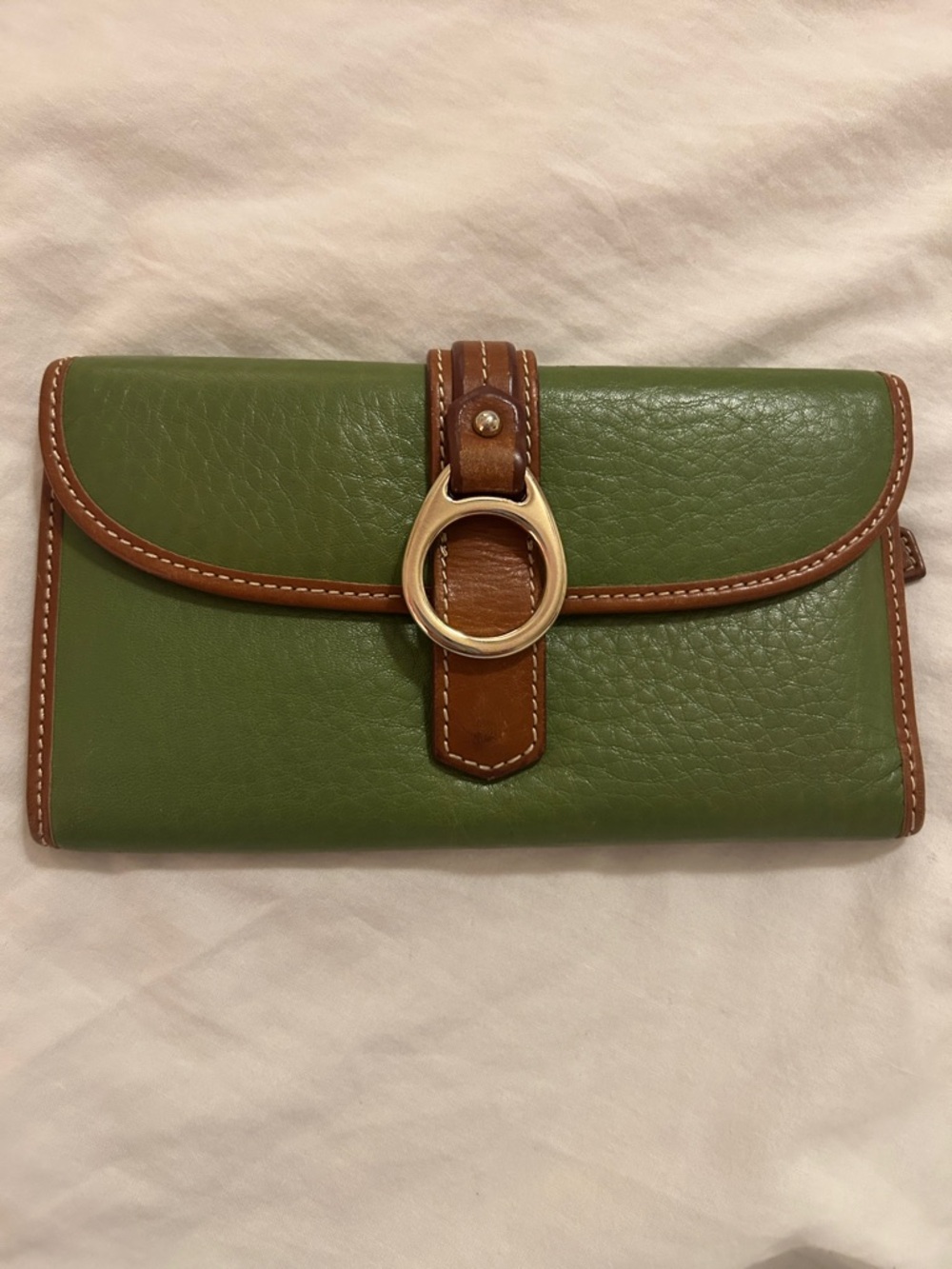 Dooney & Bourke Green Leather Wallet with Brown Trim and Gold Hardware